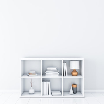White room with white bookshelf, wall mockup, 3d rendering