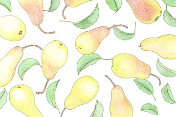 Fruit or food healthy background. Ripe pear the pattern done in vintage or pop art design on the green fon. Colorful wallpaper.