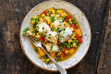 Fish stew with vegetables - top view