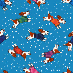 Winter greeting design with dogs in colorful sweaters
