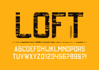 Loft condensed grunge textured sans serif typeface design. - obrazy, fototapety, plakaty