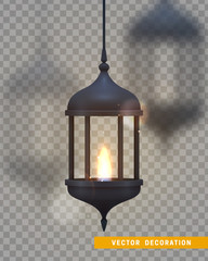 Vintage dark blue lantern with a burning realistic fire.