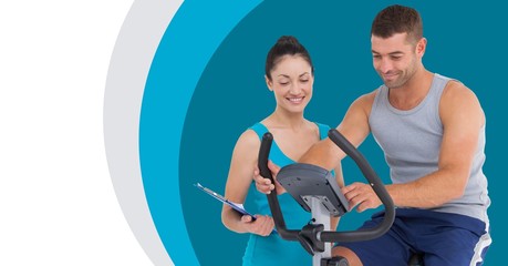 Obraz premium Fitness trainer man and woman with minimal shapes on exercise
