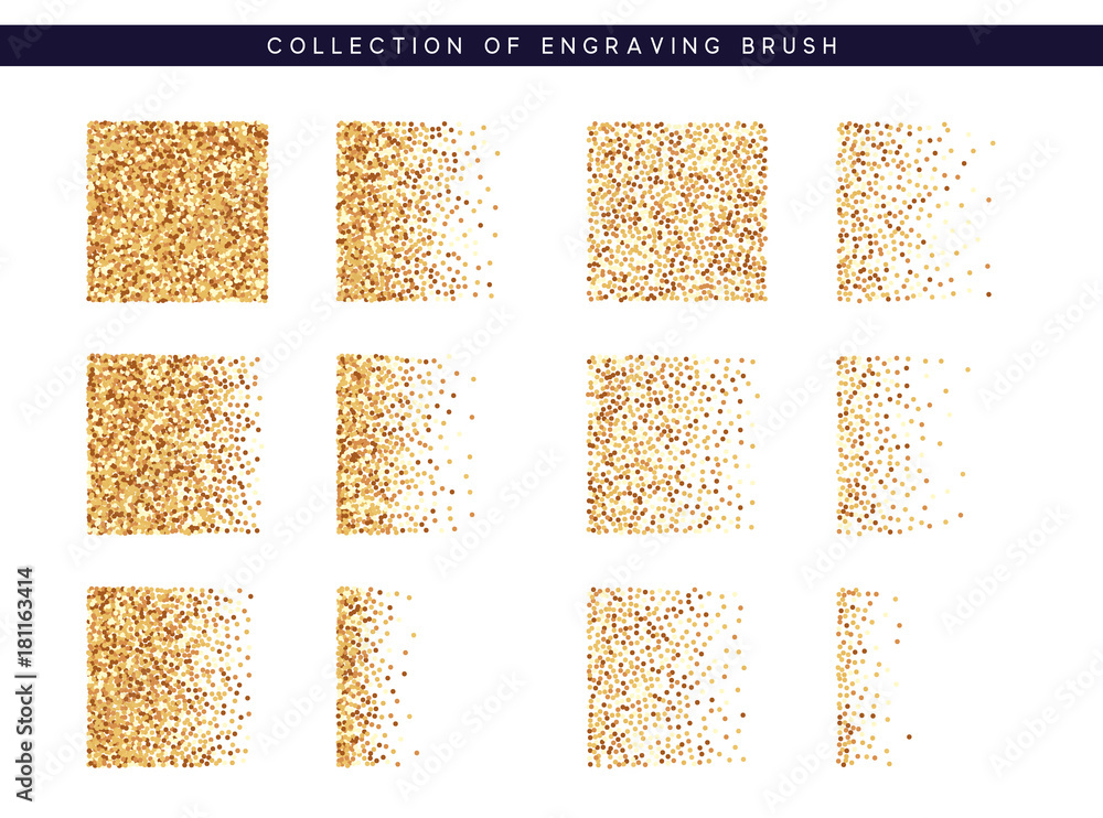 Poster set of brush stipple gold pattern for design. dot texture. spot shade engraving retro to create brus