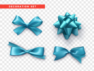 Bows blue realistic design. Isolated gift bows with ribbons.