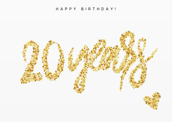 Twenty years, Number 20, lettering sign from golden confetti.