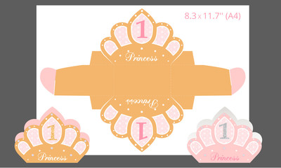 Candy paper box template. For little princess. Favor box for first girl birthday. Printable packing - crown shaped. Gold and pink party. Can be use for baby and bridal shower.