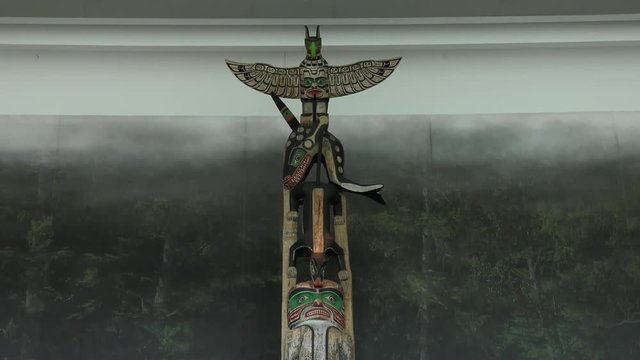 totem pole in museum 4k tight tilt from bottom to top