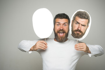 Guy or bearded man on grey background.