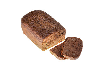 Homemade cocoa cake with walnuts and raisins baked in bread maker isolated on white background.