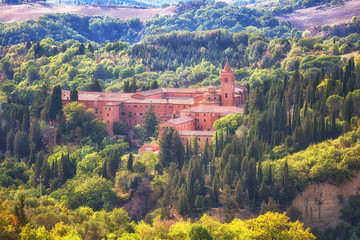 Italy.Tuscany, province of Siena, Asciano, Abbey of Monte Oliveto Maggiore, Benedictine monastery, top view