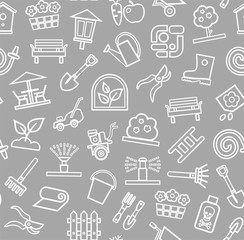 Landscape design, background, seamless, gray, contour, vector. Background with equipment for gardening and horticulture. White, line drawings on a gray field. Arrangement of land. 