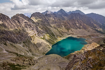 Beautiful lake Hlincovo Pleso among rocky Tatra mountains