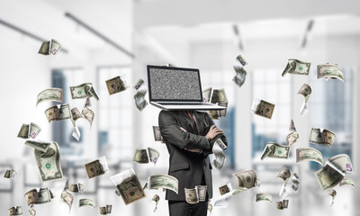 Businessman with laptop instead of head.