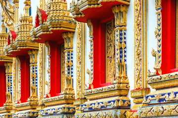 bas-relief Facade Close up of beautiful temple Wat Samai Kongka on Ko Pha Ngan, Thailand.