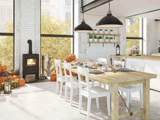 nordic kitchen in an apartment. 3D rendering. thanksgiving concept.