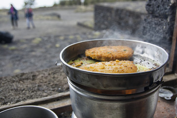 field kitchen at the refuge on Etna volcano