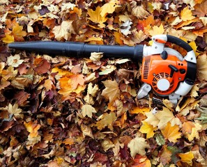 Leaf blower on a bed of leaves in an auntumn day