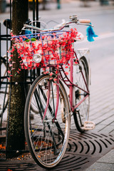 Fototapeta na wymiar Female Bicycle Equipped Basket With Decorative Flowers Parked City Street.