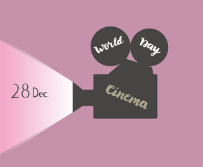 Fototapeta premium Vector illustration silhouette cinema camera with calligraphy text congratulation to world Cinema day. 28 December.
