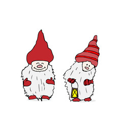 Outline set of Trolls gnomes with beards and long hats. Funny characters for Christmas.  illustration