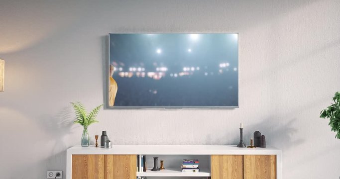 Tv set on the wall showing basketball game 