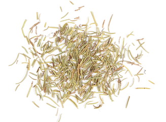 Pile of dry rosemary isolated on white background, top view