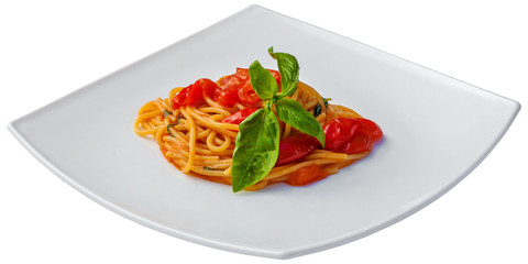 Spaghetti with tomato sauce and basil isolated on white background