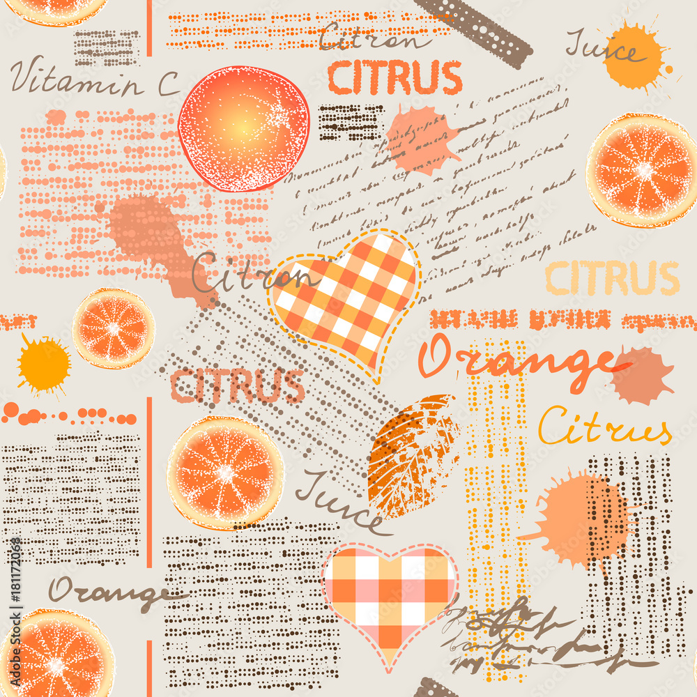 Poster Seamless background pattern. Imitation of halftone newspaper with citrus and oranges.