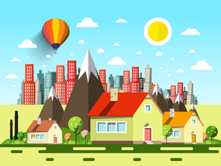 Fototapeta premium Houses and Abstract City. Vector Cartoon.