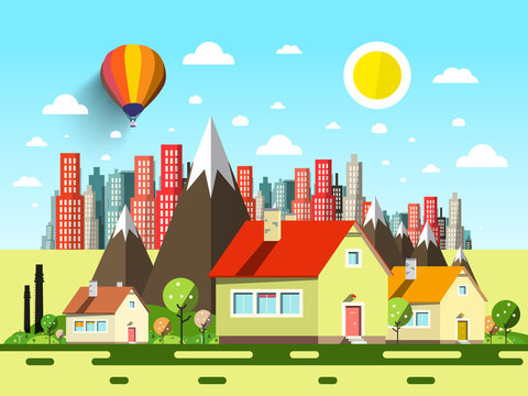 Houses and Abstract City. Vector Cartoon.