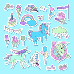 Unicorn multicolor stickers with unicorn, cloud, cake, sweets, ice-cream, baloons, rose and flag
