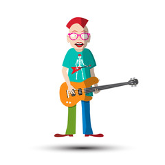 Funky Guitar Player. Vector Musician Man Isolated on White Background.