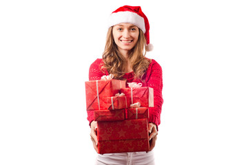 Young beautiful woman in hands holding a new year christmas holiday gift
