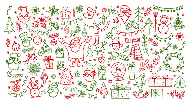 Big set of Christmas design element in doodle style. Winter holiday vector illustration