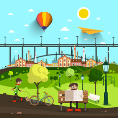 City Park Life with Bridge and Town on Background. Vector.