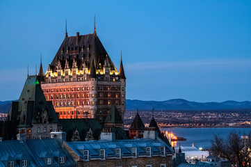 Close up on the Chateau Frontenac tower at dusk, Quebec city, Canada