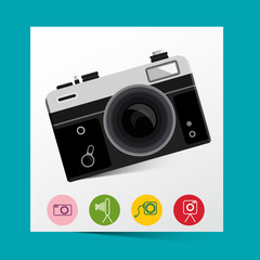 Retro Analog Photo Camera with Photography Icons. Vector.