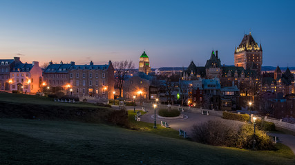 Fototapeta na wymiar Panoramic view of Quebec city old town and park with Frontenac chateau in background, Canada
