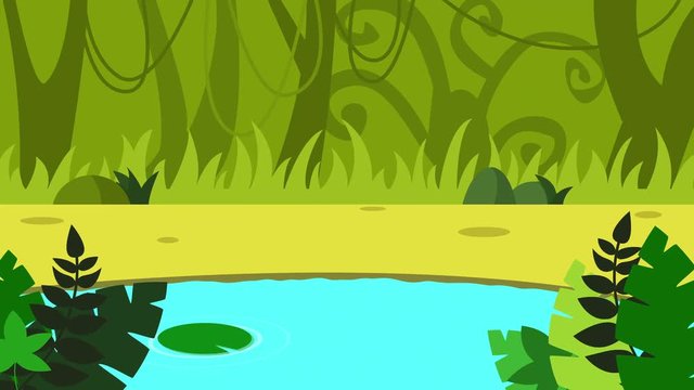Cartoon Pond animation. Cartoon landscape with deep jungle background with space for your text or logo. colorful forest animation full hd. game background 4k. rain forest with lake animation.