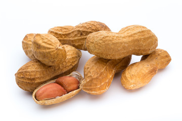 Dried peanuts on the white background.