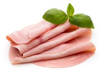 Fototapeta na wymiar Sliced boiled ham sausage isolated on white background, top view.