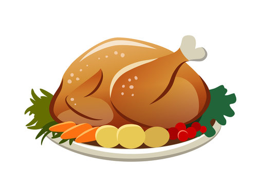 Vector illustration of a roasted turkey on a platter with potatoes, carrots and greens. Thanksgiving, Christmas, dinner food themed design element, flat contemporary style isolated on white.