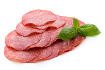 Salami slices isolated on white background.