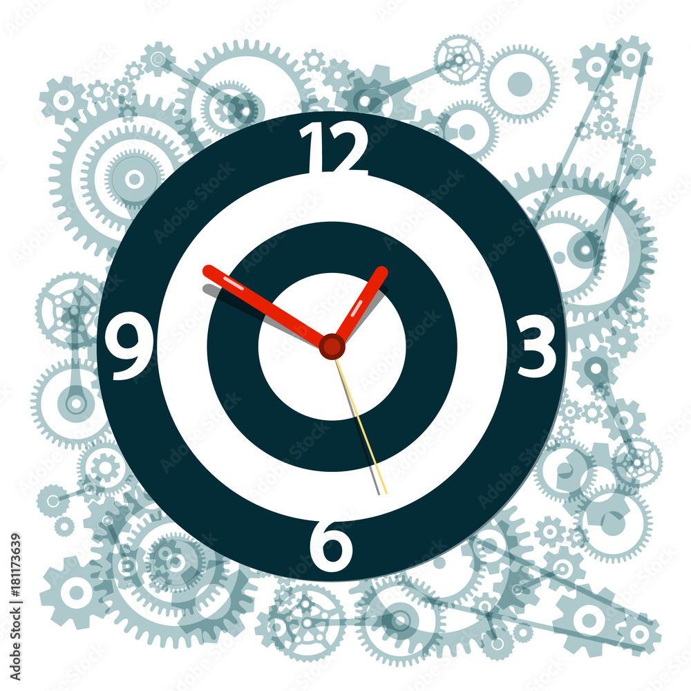 Poster clock face symbol with cogs on background