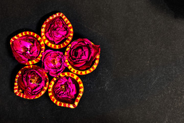 Beautiful Decoration of earthen lamps or Diyas used for Diwali or festivals