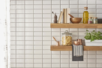 Obraz na płótnie Canvas modern white kitchen and shelf style