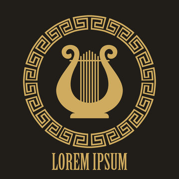 Golden lyre / music theme icon.Harp logo.Lira musical instrument