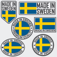 Made in Sweden label set with flag, made in Sweden, vector illustration