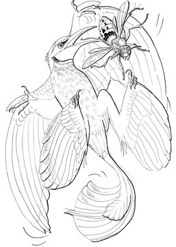 Hand drawn illustration hare fantasy microraptor bird and wasp black and white 